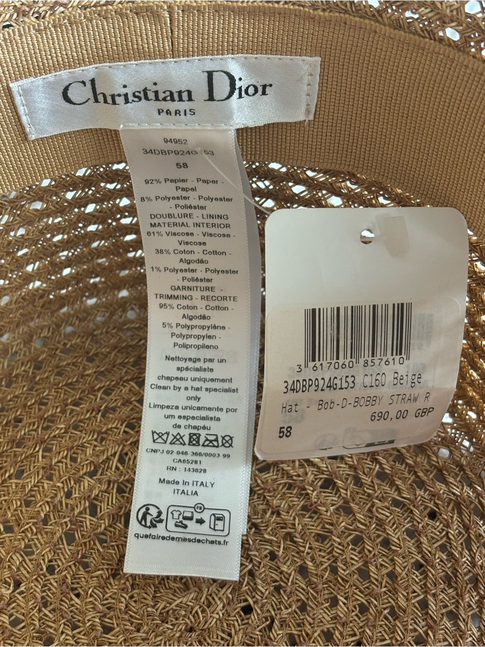 Christian Dior Woven Straw Bucket Hat in Brown with Black & Cream Band. - Picture 6 of 7
